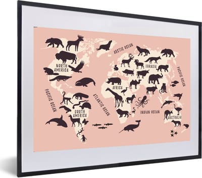 Poster in lijst - Fotolijst 60x40 cm - Posters - Wereldkaart - Roze - Dieren - Posterlijst zwart - Decoratie - Wanddecoratie woonkamer - Muurdecoratie slaapkamer