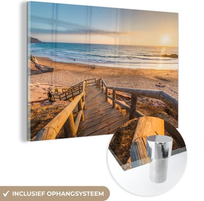 MuchoWow® Glasschilderij 120x80 cm - Schilderij acrylglas - Strand - Trap - Portugal - Foto op glas - Muurdecoratie woonkamer - Wanddecoratie slaapkamer - Schilderijen