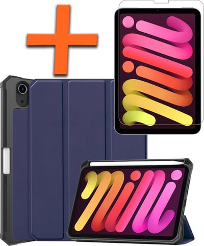 Hoesje - Geschikt voor Apple iPad Mini 6 (2021) - 8.3 inch - 6e Generatie - Met Screenprotector - Trifold Bookcase - Hard Cover Case - Met Uitsparing Geschikt voor Apple Pencil - Hardcover Book - Tablet Hoes - Donkerblauw
