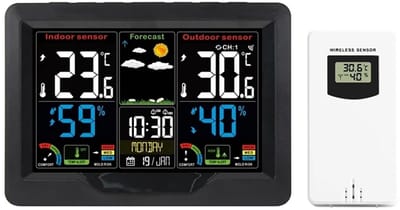 Draadloos weerstation - Weersvoorspeller Klok - Binnen Buiten Meten - Kleurendisplay Barometer - Temperatuur Vochtigheid - Zwart