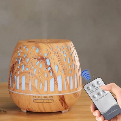 Diffuser d'Oiles Essentieles 400ml, Ultrasone luchtvochtiger afstandsbediening zonder BPA met LED-licht met variabele kleuren 3 Minuterie voor huis/Yoga/Bureau/Spa - Hout