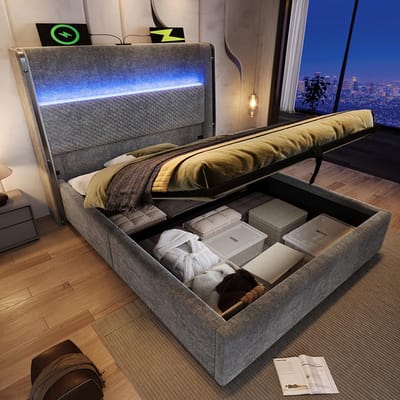 Pugsdrly Modern hydraulisch bed met hoog hoofdeinde, eenpersoonsbed 90 x 200 cm met ledverlichting, opbergruimte en USB/Type-C-poorten, grijs linnenlook (zonder matras)