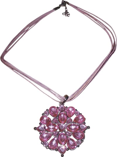 Ketting met ronde hanger bloem blaadjes strass stenen roze #1