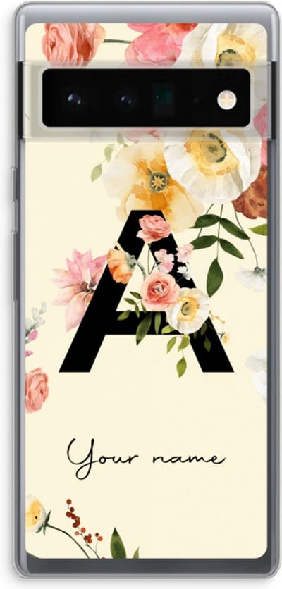 Gepersonaliseerd - Case Company® - Hoesje geschikt voor Google Pixel 6 Pro hoesje - Flirty Flowers Monogram - Soft Cover Telefoonhoesje - Bescherming aan alle Kanten en Schermrand