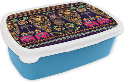 Broodtrommel Blauw - Lunchbox - Brooddoos - Patronen - Olifant - Roze - 18x12x6 cm - Kinderen - Jongen