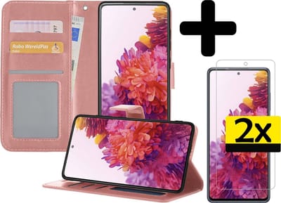 Hoesje - Met 2x Screenprotector - Geschikt voor Samsung Galaxy S20 FE - Luxe Pasjeshouder - Bookcase Portemonee - Flip Case - Kunstleer Book Case - Flipcase Hoes - Book Cover - Walletcase - Portemonneehoes - Telefoonhoesjes - Rosé goud