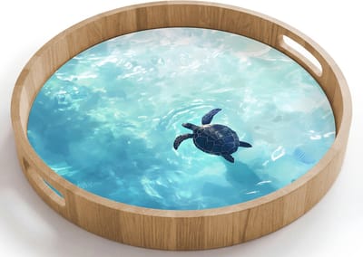 Dienblad rond 40x40 cm - Schootdienblad hout - Schildpad - Zee - Blauw - Schittering - Borrelplank rechthoek - Plateau houten dienbladen