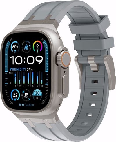 Strap-it luxe liquid siliconen bandje geschikt voor de Apple Watch 1/2/3/4/5/6/8/9/10/11/SE(2-3)/Ultra(2-3) in de maat: 44mm / 45mm / 46mm / 49mm - luxe rubberen iWatch sport bandje met titanium aansluiting (grijs met titanium)