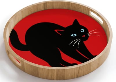 Dienblad rond 40x40 cm - Schootdienblad hout - Kat - Zwart - Staart - Borrelplank rechthoek - Plateau houten dienbladen