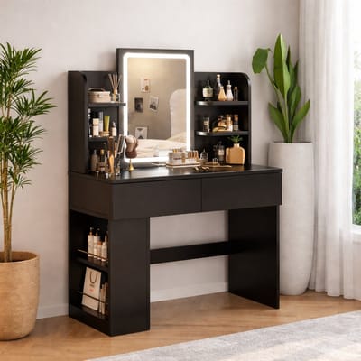 kaptafel met Verstelbare LED Verlichting en grote spiegel, Make-up Tafel met 2 grote laden, zijopslag, 4 open compartimenten, 3 lichtsterktes,moderne slaapkamers,kleedkamers (zwart)
