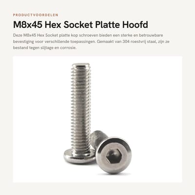 Dailygoods- Schroef M8x45 - Zeskantkop - Roestvrij Staal 304 - Pack van 20 - Slijtvast - Corrosiebestendig - Bout