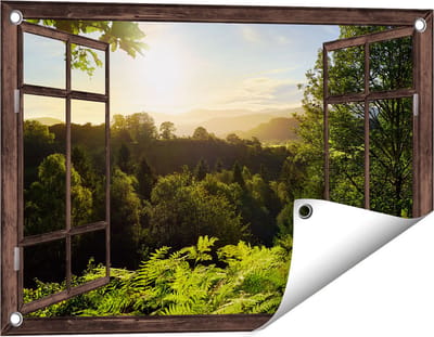 Gards Tuinposter Doorkijk Zonsondergang vanuit een Bos - 60x40 cm - Tuindoek - Tuindecoratie - Wanddecoratie buiten - Tuinschilderij
