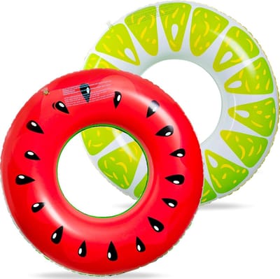 90shine 7PCS Fruit Pool Floats: Watermelon Kiwi Orange Lemon Swim Rings with 13.5 inch Beach Balls - Inflatable Tubes Floaties Toys for Kids Adults