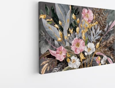 Saammp Canvas Schilderij - Abstracte bloemen met goud en roze - 30x20 - Foto op canvas - Wanddecoratie - Muurdecoratie Woonkamer - Kantoor Decoratie