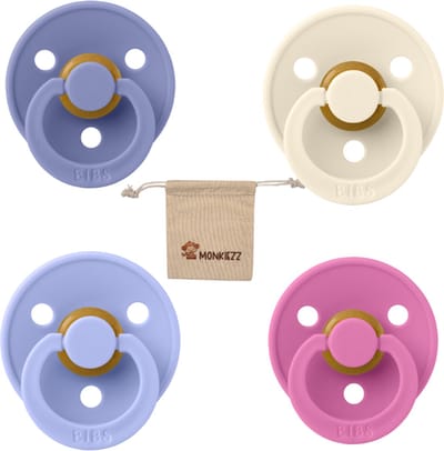 Bibs fopspeen - maat 1 0-6 maanden - 4 stuks – Ivory - Bubblegum – Peri – Hush + Monkiezz speenzakje