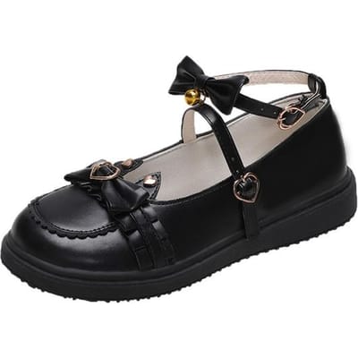 Rimocy Adorables Chaussures Lolita à Boucle Cœur pour Femmes Sangle Cheville Plates Douces à Nœud Papillon Femme Cuir PU Confort Semelle Souple Chaussures Mary Jane 40 noir