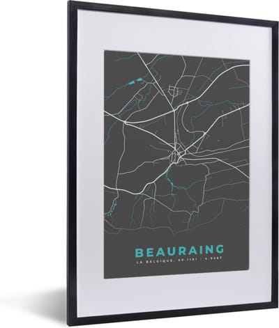 Fotolijst incl. Poster - Kaart – Plattegrond – Stadskaart – Beauraing – België – Grijs - 30x40 cm - Posterlijst