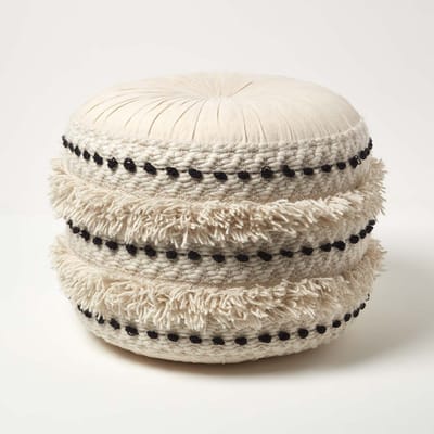 Homescapes Sahara – ronde macramé poef – zwart en wit, 50 x 40 cm