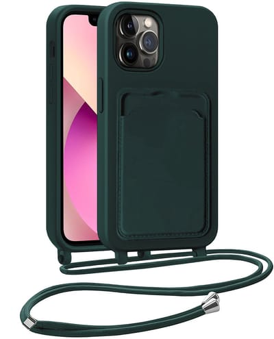 Hoesje Geschikt voor iPhone 13 Pro Telefoonhoesje Met Koord Case Pashouder Siliconen - Hoes Geschikt voor iPhone 13 Pro Hoesje Met Kaarthouder - Donkergroen