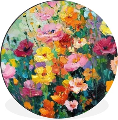WallCircle - Wandcirkel - Muurcirkel - Bloemen explosie - Heldere kleuren - Vrolijk - Aluminium - Dibond - 30x30 cm - Binnen en Buiten