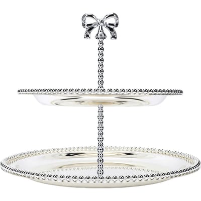 Support de Présentation de Gâteau à Deux Étages Style Palais Acier Inoxydable Présentoir pour le Thé de l'Après-midi pour la Décoration de Table Fête d'Anniversaire L