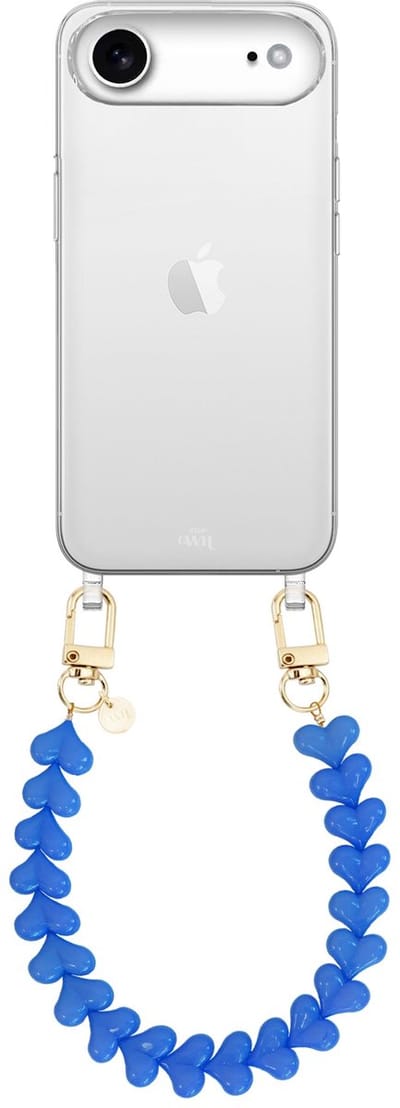 xoxo Wildhearts siliconen hoesje - Geschikt voor iPhone 17 Air hoesje - Funky Hearts - Telefoonhoesje - Hoesje met koord - Denim Blauw koord - kort telefoonkoord - Hartjes ketting - Transparant hoesje