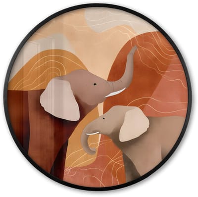 Poster in lijst Rond - Fotolijst 60x60 cm - Posters - Olifanten - Oranje - Abstract - Ronde posterlijst zwart - Decoratie - Wanddecoratie woonkamer - Muurdecoratie slaapkamer