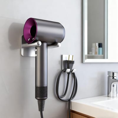Thijox - Haardrogerhouder zonder boren, zilveren wandhouder voor föhn met siliconen beschermpads, kabelhaak, aluminiumlegering, ideaal voor badkamer e