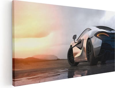 Artaza Canvas Schilderij Auto - 40x20 cm - Klein - Wanddecoratie Zonsondergang - Muurdecoratie Sportauto - Mancave Decoratie