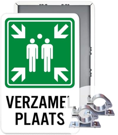 BHV Verzamelplaatsbord - Weerbestendig Aluminium - 30x45 cm - Bevestiging: Met paalbeugels Ø48mm
