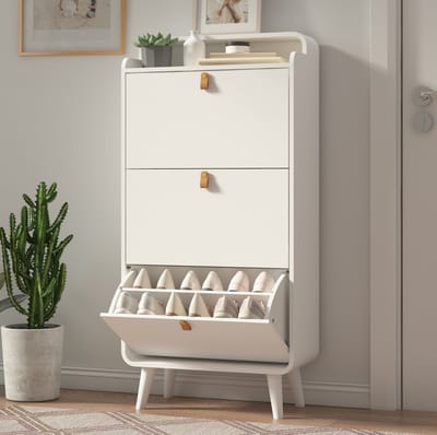 MEUNIQ schoenenkast 63 x 29,5 x 133,7 cm met 3 klepdeuren, smalle staande schoenenopberger voor hal en entree, bovenblad en uitneembare verdelers, wit