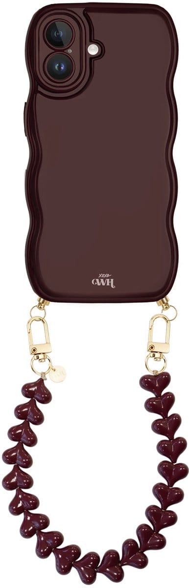 xoxo Wildhearts Glossy Wavy Cord Case Burgundy - Funky Hearts (Burgundy) - geschikt voor iPhone 17 - hoesje met koord - telefoonkoord met hartjes - golvend hoesje - silicone case - schokbestendig - bordeaux rood