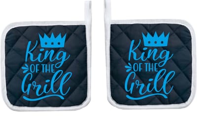 Eizook Pannenlappen 2 Stuks Navy Bedrukt - KING OF THE GRILL In BLAUW- Zacht Katoen met Polyester Pannenonderzetter Hittebestendige Pannenlap tot 250°C