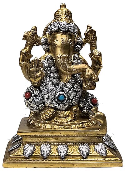 Ganesha beeld - 14 - Messing - Metaal - Zilver - Goud - M