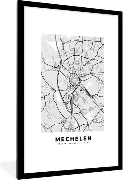Fotolijst incl. Poster Zwart Wit- Zwart Wit – België – Plattegrond – Stadskaart – Kaart – Mechelen - 80x120 cm - Posterlijst