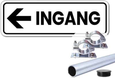 Bord ingang pijl links - Weerbestendig Aluminium - 40x15 cm - Bevestiging: Met paal 120 cm + paalbeugels + paaldop