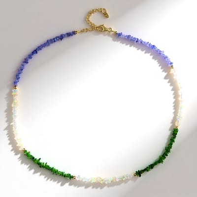 Cavill - Zilveren Halsketting - 925 Sterling Zilver Verguld - 34,735 ct Tanzaniet, Welo Opaal & Russische Diopsied - Elegant Collier 45 cm