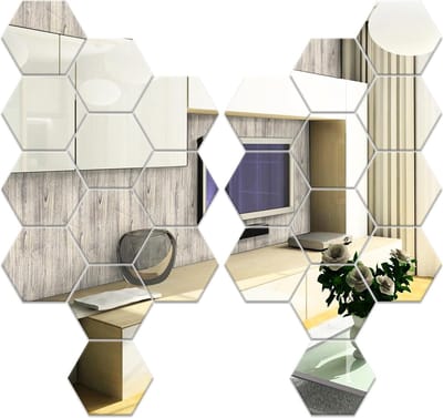 Spiegelstickers, zeshoekig, zilver, muurstickers, van acryl, 126 x 110 x 63 mm, zelfklevend, spiegelwand, voor kinderkamer/slaapkamer/woonkamer, wanddecoratie, 24 stuks