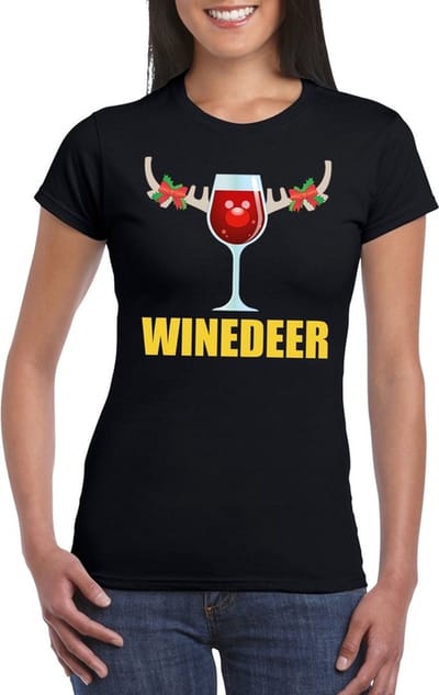 Bellatio Decorations Foute Kerst t-shirts - Wijntje - Winedeer - zwart - voor dames - Kerstkleding truien S