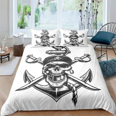 Premium Piraten Dekbedovertrek Shark Cove Tortuga Eiland Caribische Wateren Retro Jolly Roger Mosterdblauw Slaapkamer Decoratie Vrouwen Kinderen Mannen 135x200cm 2pcs