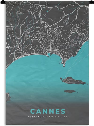 Wandkleed - Wanddoek - Cannes - Frankrijk - Kaart - Stadskaart - Plattegrond - 120x180 cm - Wandtapijt