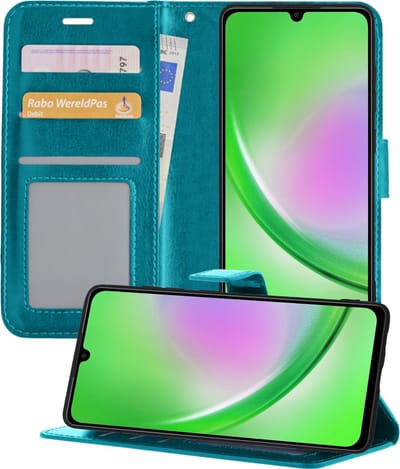 Hoesje - Met Pasjeshouder - Geschikt voor Samsung Galaxy A34 - Luxe Bookcase Portemonee - Flip Case - Kunstleer Book Case - Flipcase - Book Cover - Walletcase - Portemonneehoes - Telefoonhoesjes - Turquoise