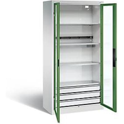 C+P Basic batterijlaadkast met kijkvenster van acrylglas, H 1950 x B 930 x D 500 mm, lichtgrijs/resedagroen