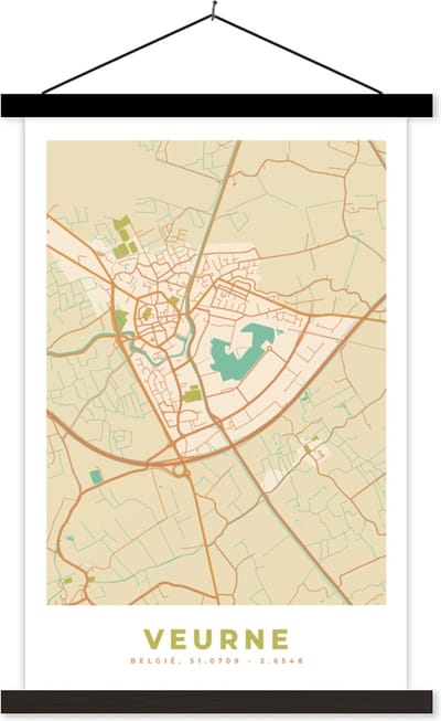 Posterhanger incl. Poster 40x60 cm - Schoolplaat - Stadskaart - Kaart - Plattegrond - Vintage - Veurne - Textielposter - Zwarte latten - Stadskaart