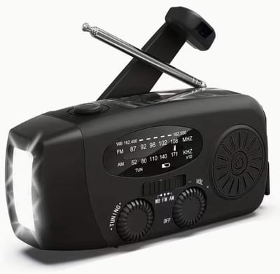 Draagbare noodradio - Powerbank 2000 mAh - Zaklamp - Solar opwindbaar - SOS alarm - USB-C kabel - Noodpakket - Kunstof - Zwart