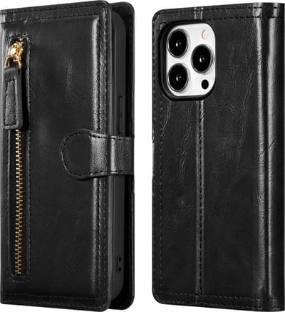 Bookcase Geschikt voor: iPhone 15 Pro Max Bookcase met ritssluiting - Flipcover - Magnetisch - 5 kaarten houder - Zwart