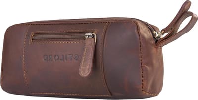 Pencil Case Small Leather Vintage EyeGlasses Box Work Accessory Makeup Bag Genuine Leather Cognac Dark Brown