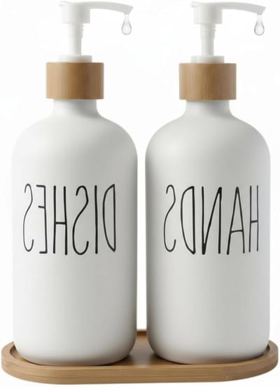 Set van zeepdispensers voor de keuken met glazen fles en bamboe standaard, ideaal voor badkamer en wasruimte, inclusief afwasmiddel dispenser