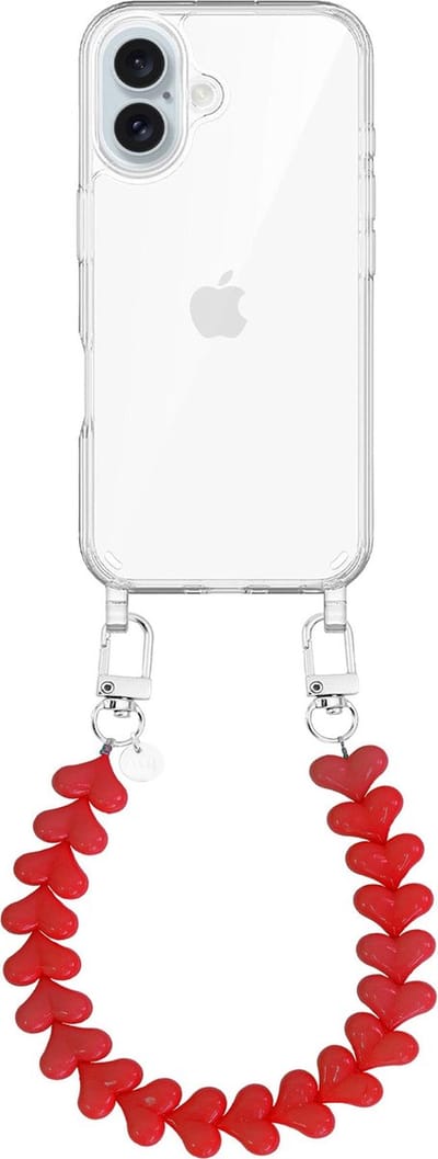 xoxo Wildhearts siliconen hoesje - Geschikt voor iPhone 16 Plus hoesje - Funky Hearts - Telefoonhoesje - Hoesje met koord - Rood koord - kort telefoonkoord - Hartjes ketting - Transparant hoesje