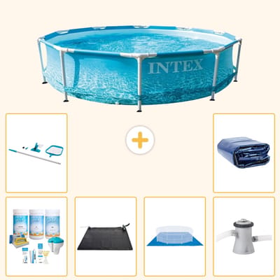 Intex Rond Frame Zwembad - 305 x 76 cm - Waterprint - Inclusief Onderhoudspakket - Solar Mat - Grondzeil - Zwembadfilterpomp - Schoonmaakset - Solarzeil - 7-delig